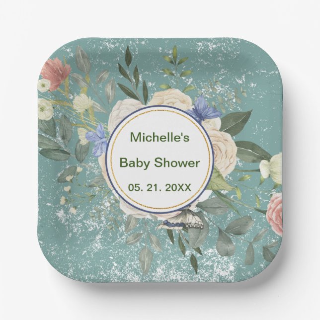 Personalized Green Gray White Florals Square Paper Plates (Front)