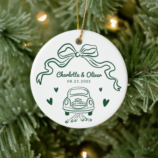 Personalized Green Hand Drawn Whimsical Wedding Ceramic Ornament (Tree)