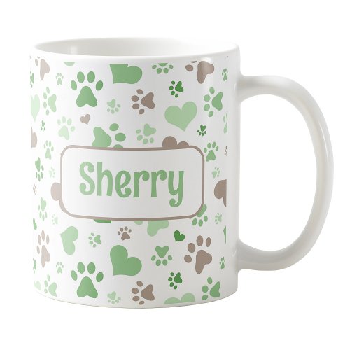 Personalized Green Hearts Paw Prints Mug