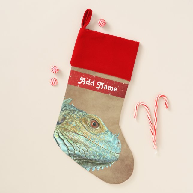 Personalized Green Iguana Lizard Christmas Stocking (Front)