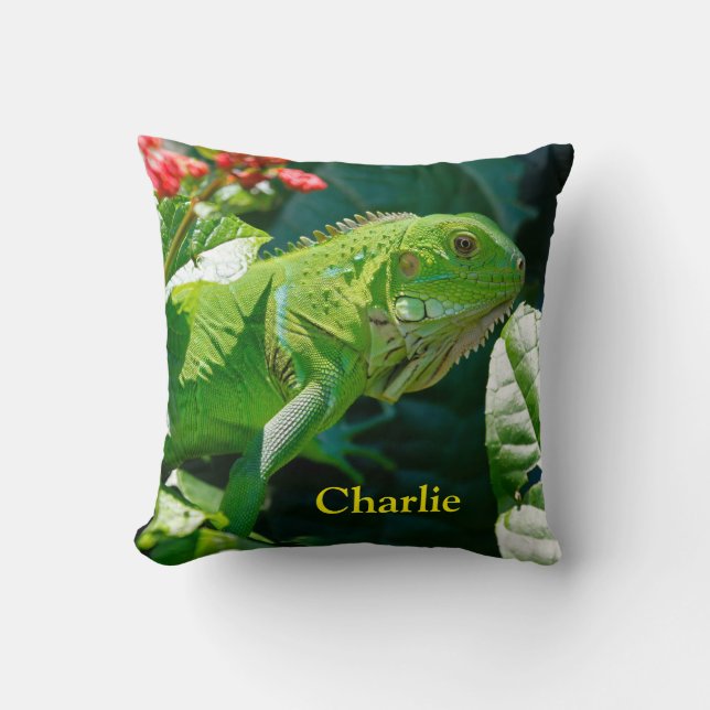 Personalized Green Iguana Lizard Throw Pillow (Front)