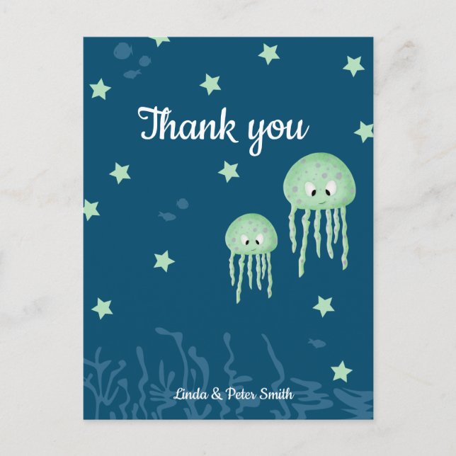 Personalized Green Jellyfish Neutral Thank You Postcard (Front)