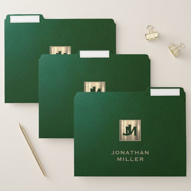 Personalized Green Leather and Gold Monogram File Folder (Set)