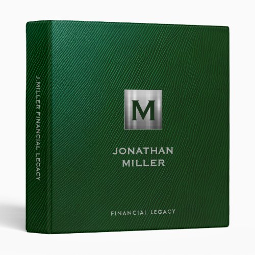 Personalized Green Leather Financial Legacy 3 Ring Binder