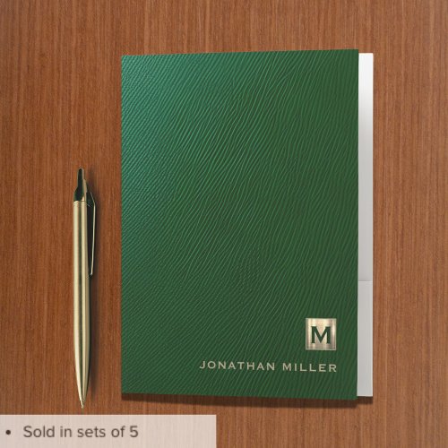 Personalized Green Leather Gold Monogram Pocket Folder