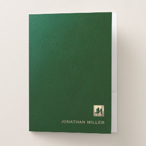 Personalized Green Leather Gold Monogram Pocket Folder