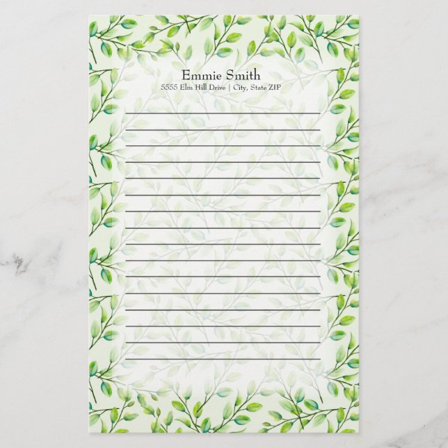 Personalized Green Leaves and Branches Stationery (Front)