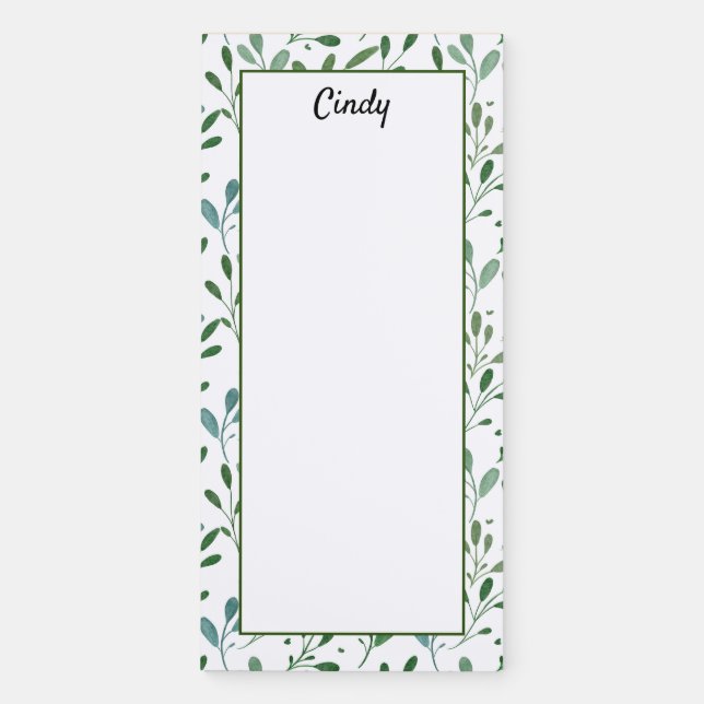 Personalized Green Leaves Botanical Pattern Magnetic Notepad (Front)