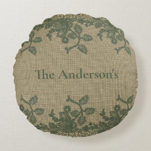 Personalized Green Leaves Lace Tan Rustic Country Round Pillow