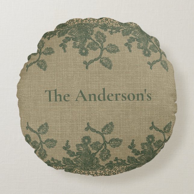Personalized Green Leaves Lace Tan Rustic Country Round Pillow (Front)
