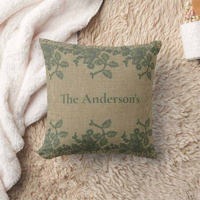 Personalized Green Leaves Lace Tan Rustic Country Throw Pillow (Blanket)