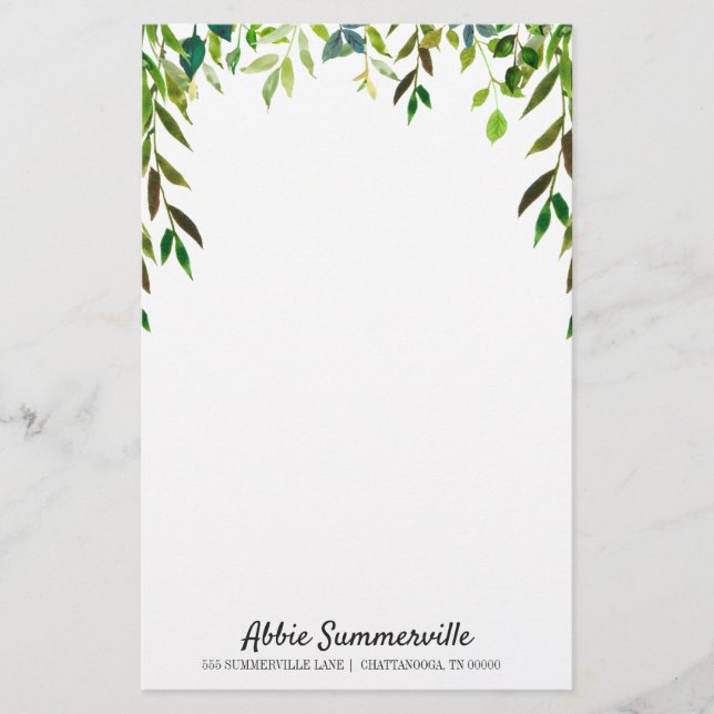 Personalized Green Leaves on White Unlined Stationery (Front)