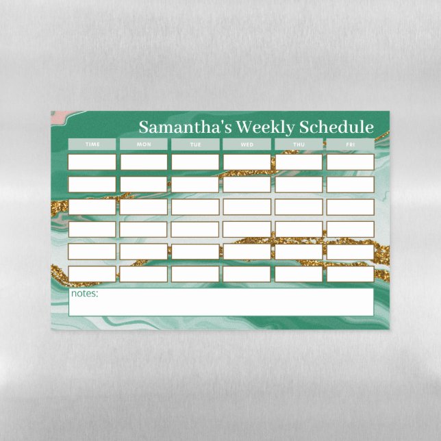Personalized Green Marble Weekly School Schedule Magnetic Dry Erase Sheet (Horizontal)