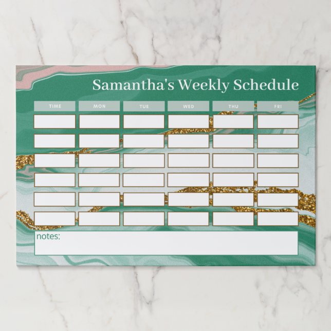 Personalized Green Marble Weekly School Schedule  Paper Pad (Front)