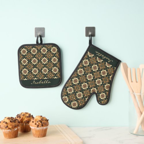 Personalized Green Mexican Geometric Pattern Oven Mitt  Pot Holder Set