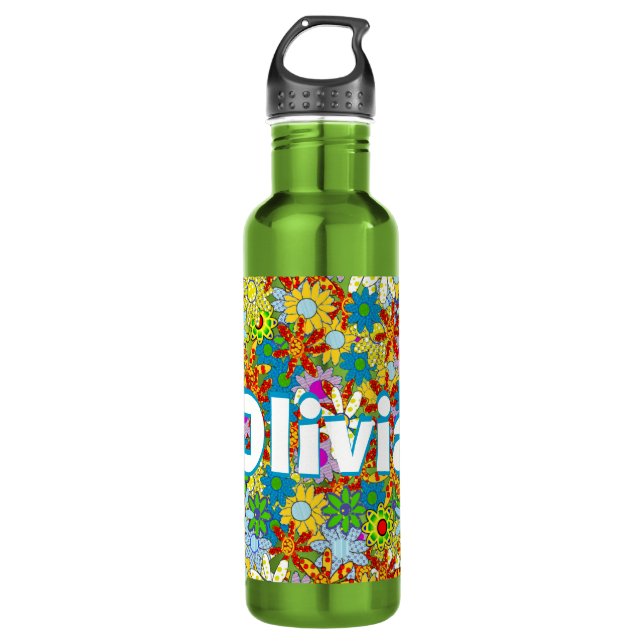 Personalized Green Modern Floral Pattern Water Bottle (Front)