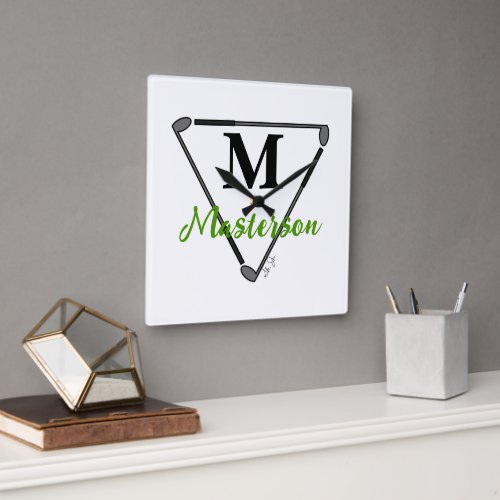 Personalized Green MonogramName Unique Golf Clubs Square Wall Clock
