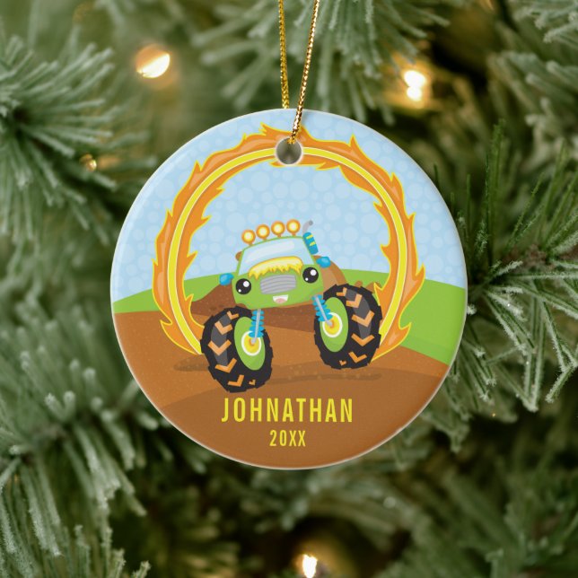 Personalized Green Monster Truck Boy Christmas Ceramic Ornament (Tree)