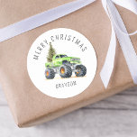 Personalized Green Monster Truck Christmas Gift Classic Round Sticker<br><div class="desc">Delight your kids this Christmas with personalized stickers! Featuring a whimsical,  watercolor Green monster truck carrying a christmas tree in the back,  these stickers will make your children's holiday dreams come true. Make the season even brighter with custom stickers bearing your child's name!</div>