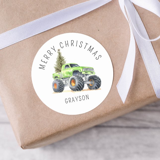 Personalized Green Monster Truck Christmas Gift Classic Round Sticker (Creator Uploaded)