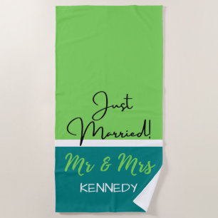 Personalized Green Mr And Mrs Just Married Beach Towel
