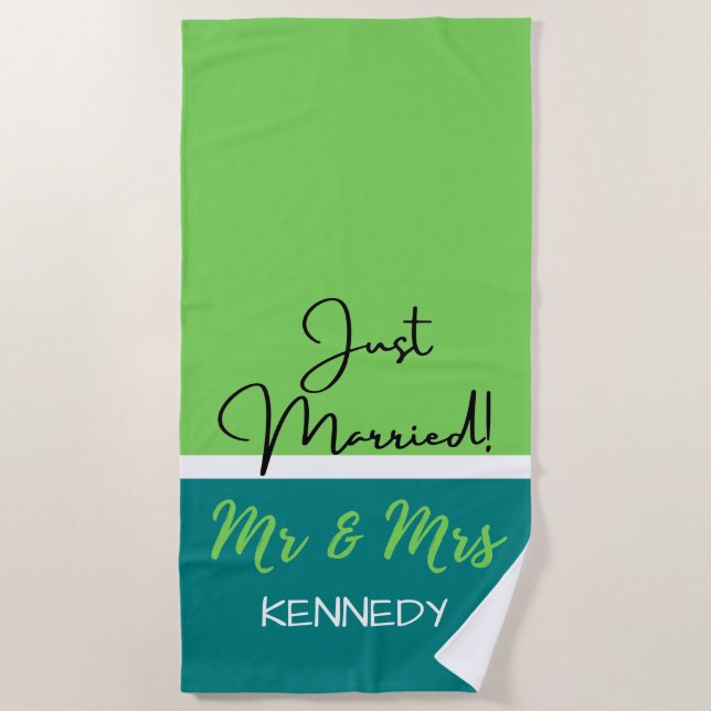 Personalized Green Mr And Mrs Just Married Beach Towel (Front)