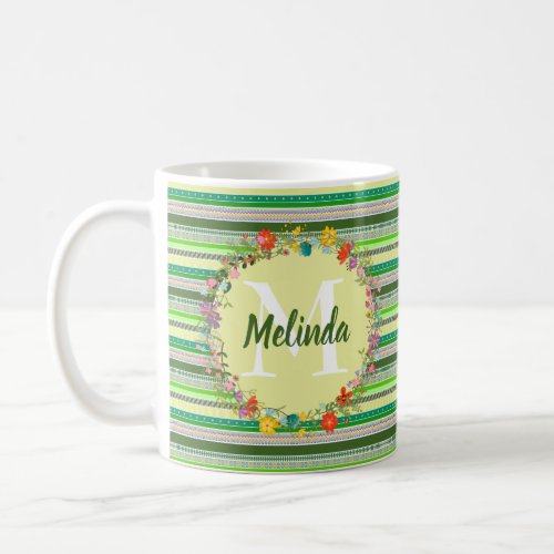 Personalized Green Patterned Stripes Floral Wreath Coffee Mug
