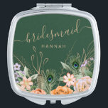 Personalized Green Peacock Feather Bridesmaid Compact Mirror<br><div class="desc">Deep forest green Peacock Feather elegant bridesmaid design easy to personalize with bridesmaids names.</div>