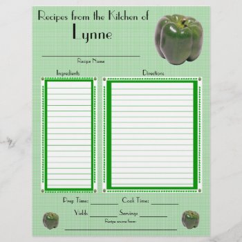 Personalized Green Peppers Design Recipe Page by Lynnes_creations at Zazzle