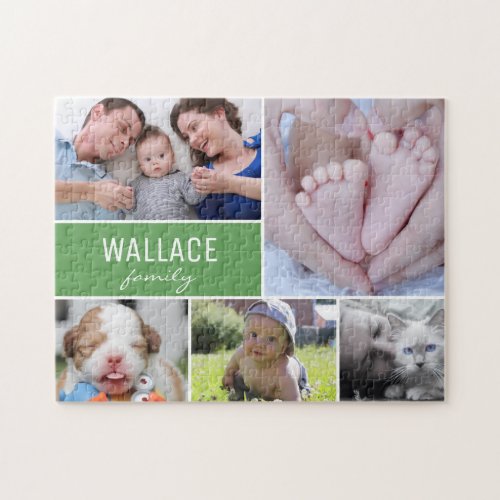 Personalized Green Photo Collage Family Jigsaw Puzzle