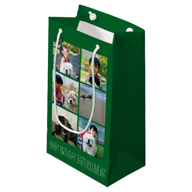 Personalized Green Photo Mosaic Picture Collage Small Gift Bag (Front Angled)