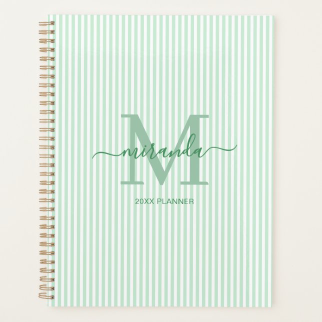 Personalized Green Pinstripe Monogram Planner (Front)