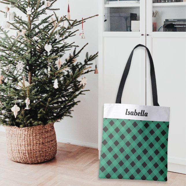 Personalized Green Plaid Buffalo Check Patterned Tote Bag (An elegant personalized tote bag, ideal for Christmas shopping, with green buffalo check pattern)