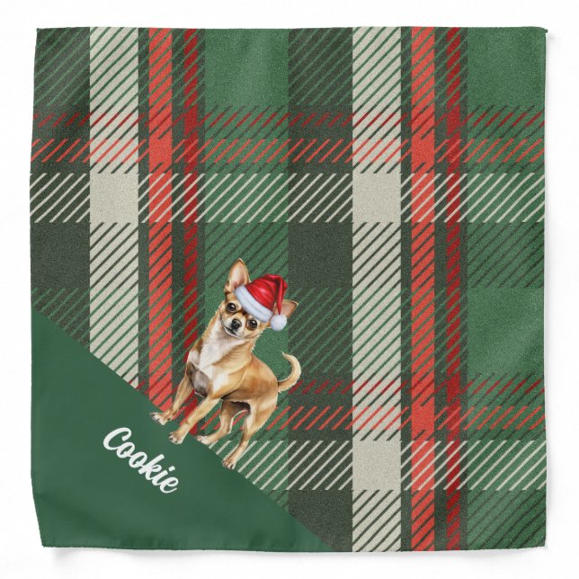 Personalized Green Plaid Chihuahua Dog Christmas Bandana (Front)