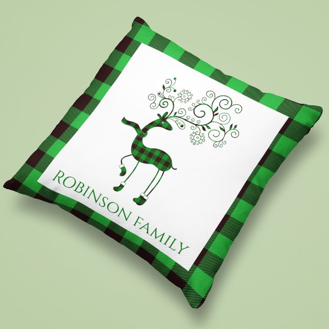 Personalized Green Plaid Deer Throw Pillow (Creator Uploaded)