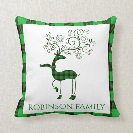 Personalized Green Plaid Deer Throw Pillow