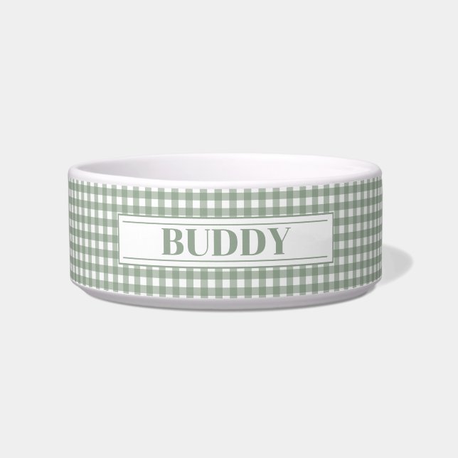 Personalized Green Plaid Dog Name Bowl (Front)