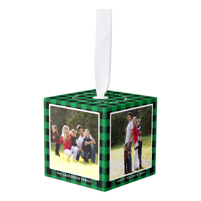 Personalized Green Plaid Family Photo Christmas Cube Ornament (Front Angled)
