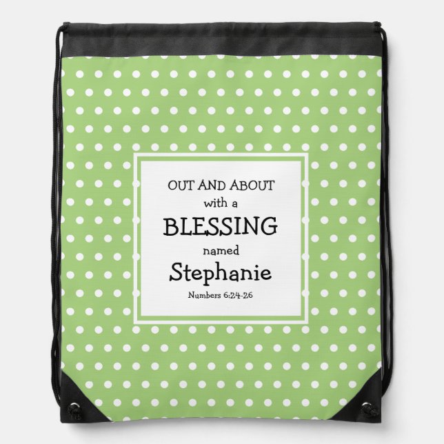 Personalized Green Polka Dot Baby Drawstring Bag (Front)