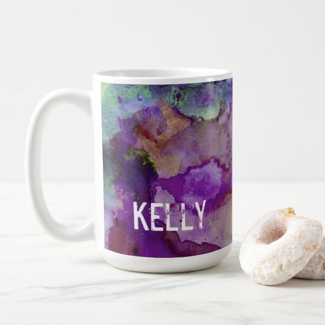 Personalized Green & Purple Watercolor Splatter 3 Coffee Mug (With Donut)