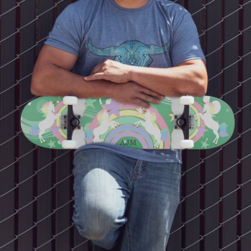 Personalized Green Rainbow Unicorn  Skateboard