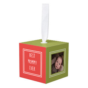 Personalized Green Red Two Photo Template Cube Ornament