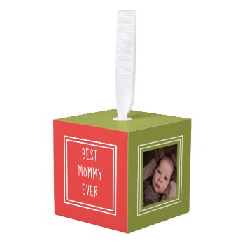 Personalized Green Red Two Photo Template Cube Ornament by Ricaso at Zazzle