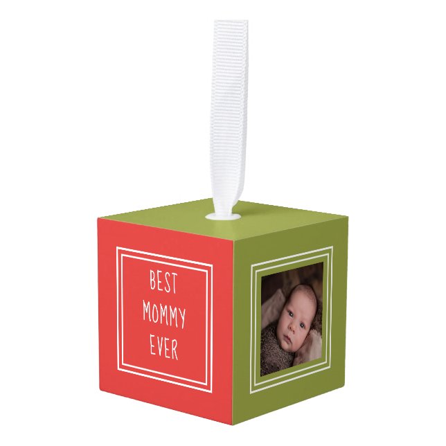 Personalized Green Red Two Photo Template Cube Ornament (Front Angled)