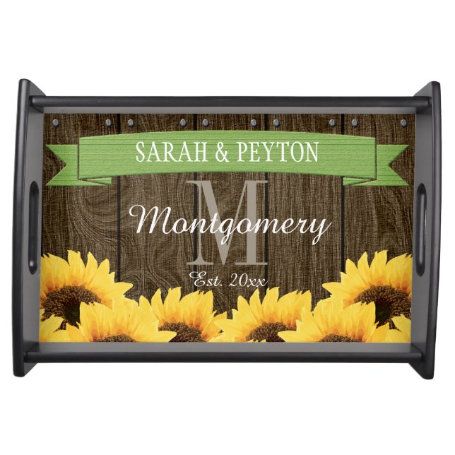 PERSONALIZED GREEN RUSTIC SUNFLOWER WEDDING SERVING TRAY (Front)