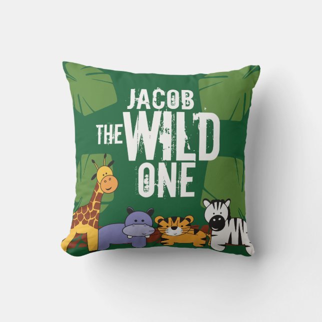 Personalized Green Safari Jungle Animals Throw Pillow (Front)