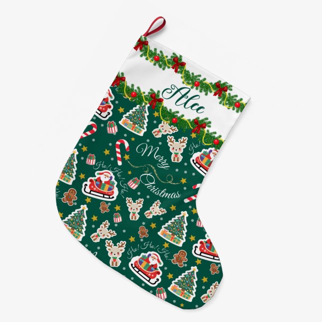 Personalized Green Santa Merry Christmas Large Christmas Stocking (Front (Hanging))