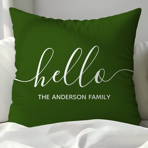 Personalized Green Script Hello Throw Pillow