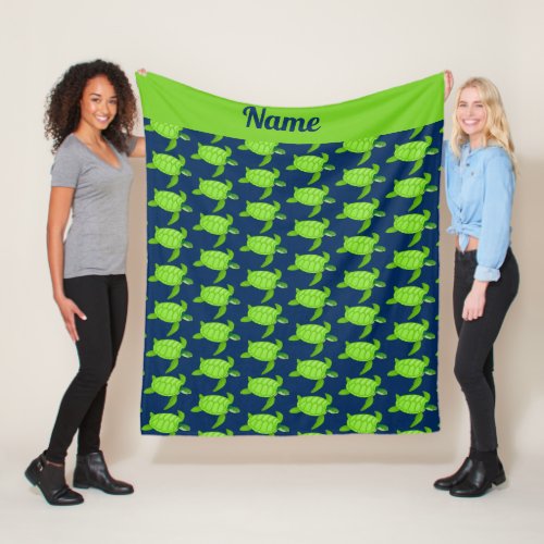 Personalized Green Sea Turtle on Navy Fleece Blanket