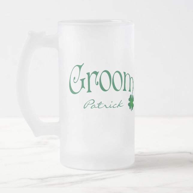 Personalized Green Shamrock Groom Beer Stein (Left)